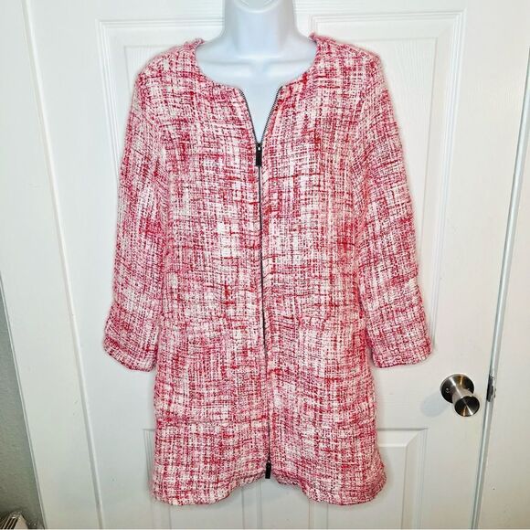 Sanctuary Tweed Women's City Blazer Jacket Collarless 3/4 Sleeves Red White S - Picture 4 of 13